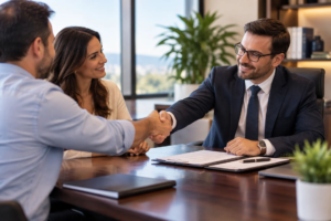 Client and attorney shaking hands over a personal injury settlement agreement