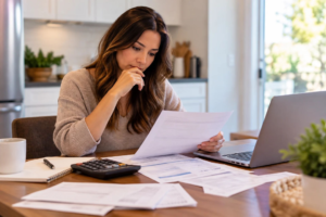 Woman reviewing medical bills and paperwork to understand her car accident case value